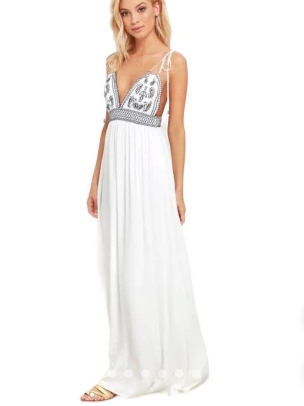 White Embroidered V-Neck Maxi Dress